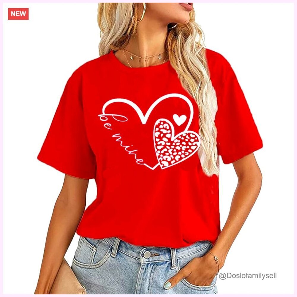Valentines Graphic Tee Short Sleeve Casual Cotton Blend Cute Heart Print